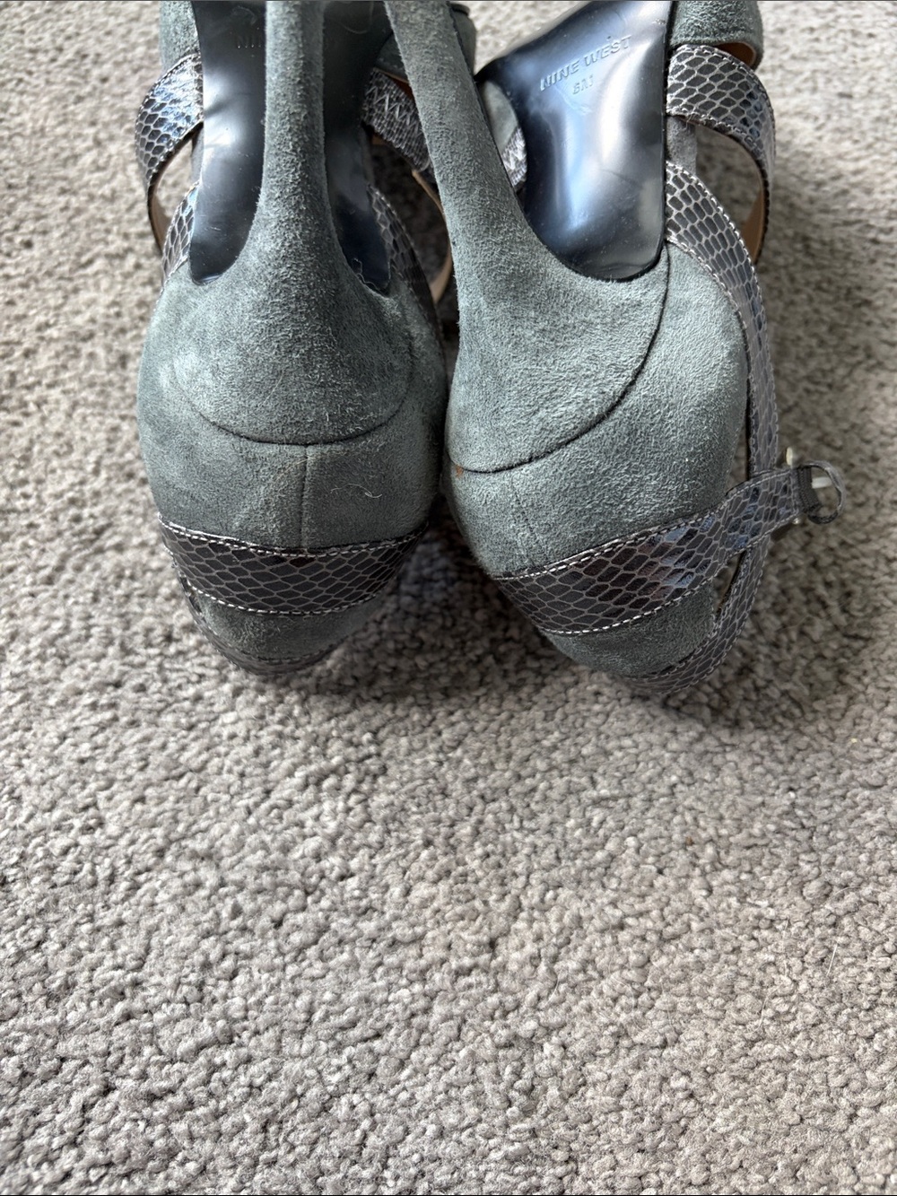 Nine West Pointed-Toe Suede Heels with Snakeskin Crisscross Straps - Gray - Picture 6 of 10